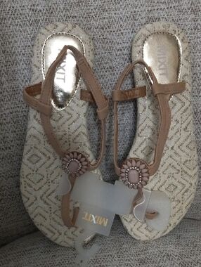 Mixit Women's Tan and Ivory Gem-Accent T-Strap Sandals